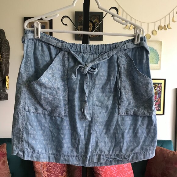 MATILDA JANE size L Chambray Blue Paisley Mixed Prints Tencel Denim Belted Skirt - Picture 1 of 4
